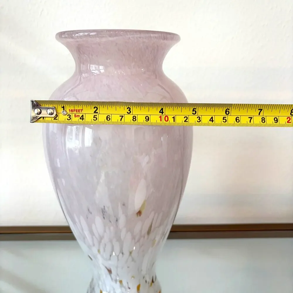 Murano Style Art Glass Vase 11.5in Pastel Pink White Speckled Gold Accents NEW